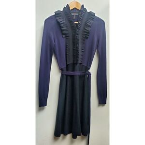 BCBG Maxazria Dress S Silk/Cotton Navy Blue/Black Ruffled Collar Long Slv Belted
